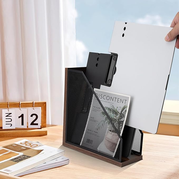 Antique Wooden Magazine Holder,Mesh File Holder for Desk, Office Desk Accessories Decorative File Box (2 Pack Black)
