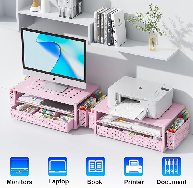 gianotter Desk Organizers and Accessories, Monitor Stand with Drawer and 2 Pen Holder, Desktop Organizer Suitable for Offices and Dormitories (Pink)-NeatNest