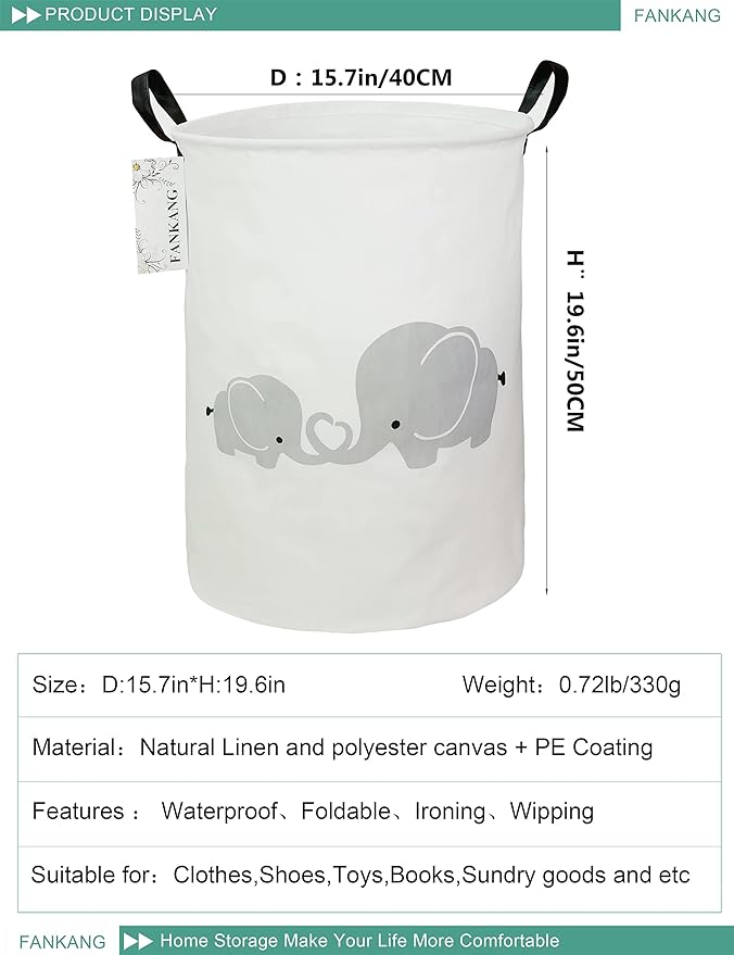 FANKANG Storage Basket, Nursery Hamper Canvas Laundry Basket Foldable with Waterproof PE Coating Large Storage Baskets for Kids Boys and Girls, Office, Bedroom, Clothes,Toys(Love Elephant)