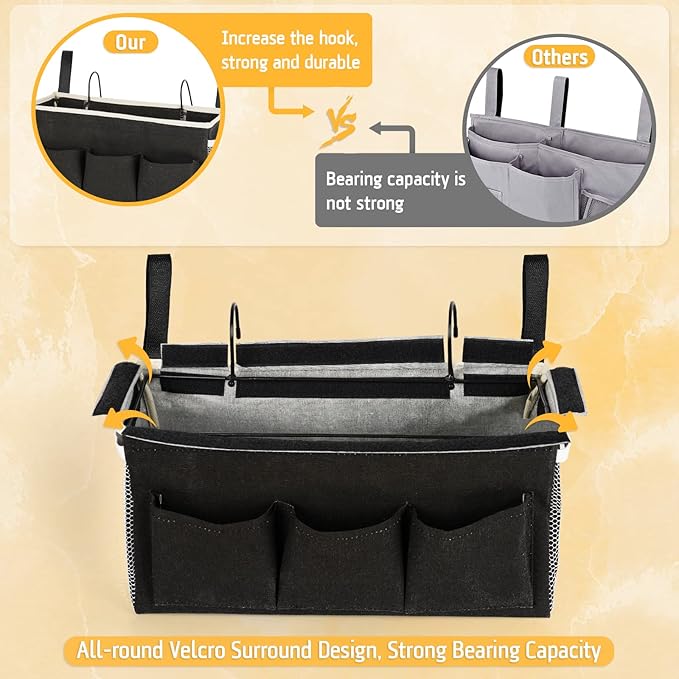 Bedside Caddy Bedside Organizer Bedside Storage Caddy with Fixed Straps and Water Bottle Holder for Home College Dorm Bunk Bed Hospital Bed Crib Bed Rails (Black)-NeatNest