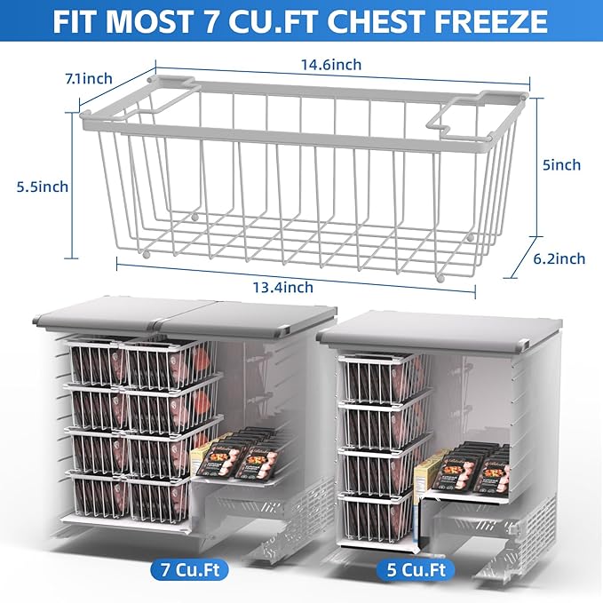 4 Pack Freezer Organizer Bins(14.6‘’L X 7.1‘’W X 5.2‘’H) for 7 Cu.FT Chest Deep Freezer Sort Frozen Meats | Deep Freezer Organizer Bins Get Food Easily w/Handle(White)