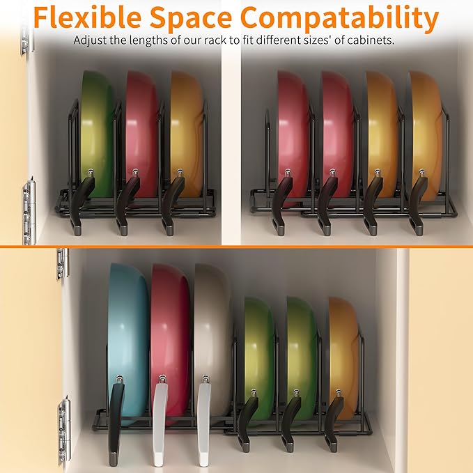 Adjustable 2.2in Pan Organizer Rack - for Pots,Pans,Cutting Boards,Cookie Sheets & Muffin Pans with 6 Slots,Non-Slip