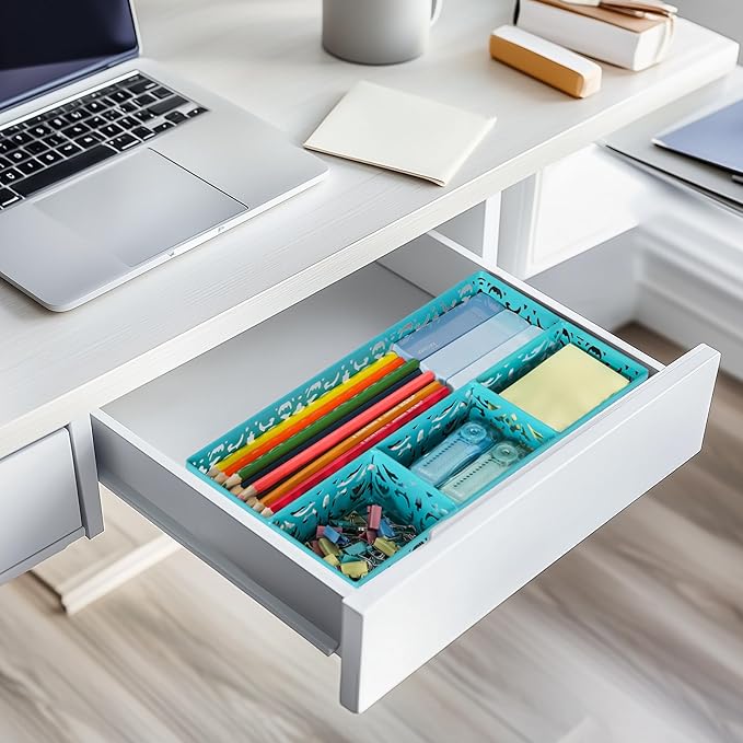 EasyPAG Desk Drawer Organizer with 4 Compartments, Carved Hollow Floral Metal Tray for Office, Jewelry, Cosmetics - No Assembly, Dark Teal-NeatNest