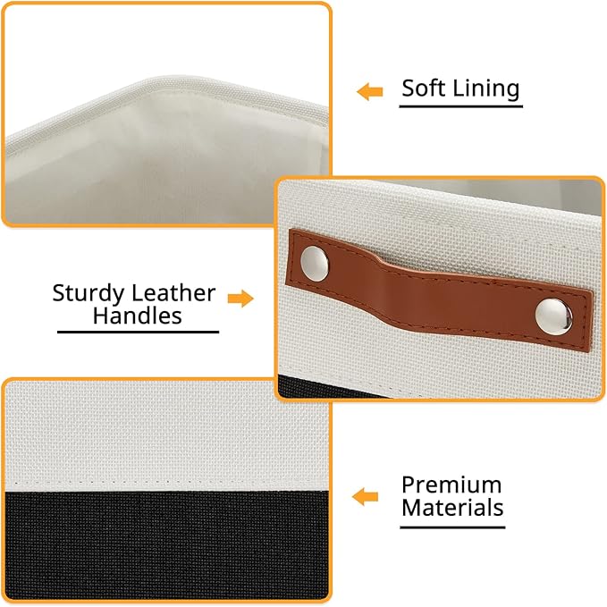 DULLEMELO Large Fabric Basket for Organizing, 17"x12"x15" Storage Basket With Leather Handles, Collapsible Storage Bin for Clothes, Toys, Books, Office, Bedroom, Closet, Nursery&Laundry (White&Black)-NeatNest