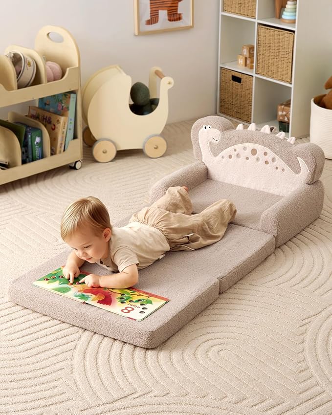 Blissful Diary Kids Couch, 2-in-1 Soft Toddler Couch Fold Out, Toddler Chair Comfy, Convertible Sofa to Lounger, Kids Furniture for Playroom, Gift for Birthday, Children's Day, Khaki Dinosaur-NeatNest
