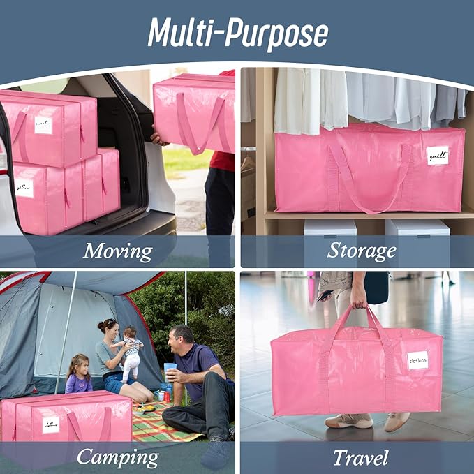 12 Pack Extra Heavy Duty Large Moving Bags with Strong Zipper & Comfortable Handles, Sturdy & Durable Clothes Storage Bags Totes Bins, Packing Moving Boxes for College Supplies, Pink-NeatNest