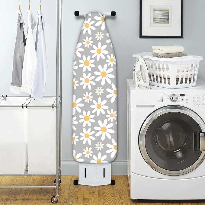 Extra Thick Ironing Board Cover and Pad, 15x54 Ironing Board Cover, Resist Scorching and Staining,Elastic Edges,Grey White Daisy Spring Summmer Flowers
