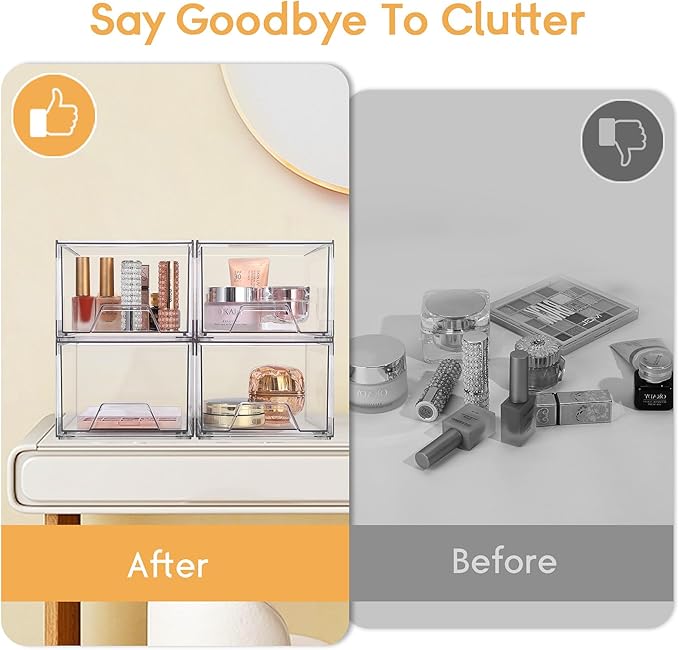 4 Pack Stackable Makeup Organizer,4.4'' Tall Acrylic Bathroom Organizer and Storage Drawers, Clear Plastic Drawer Storage Bins For Vanity, Undersink, Cabinets, Pantry-NeatNest