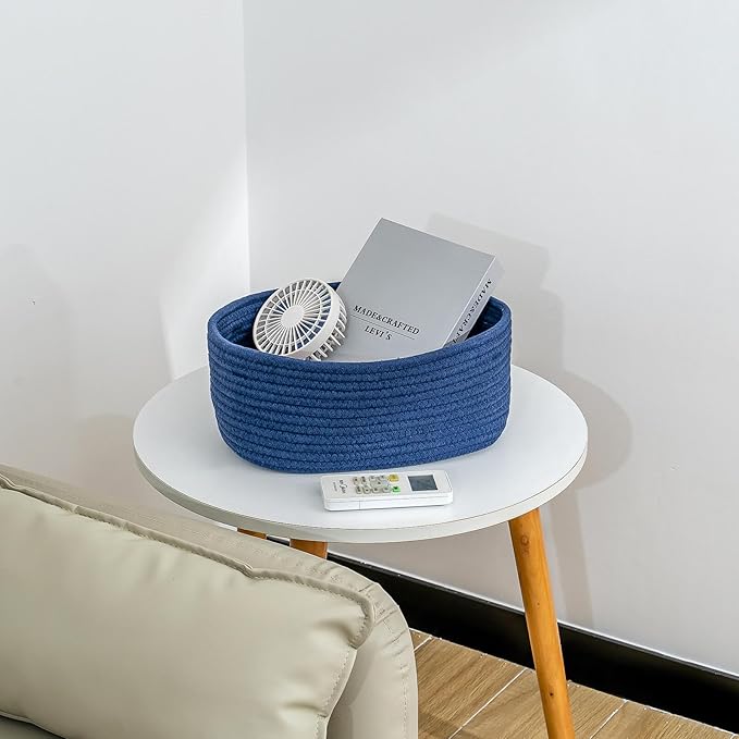 CubesLand Small Storage Baskets for Shelves, Navy Blue Closet Organization Storage Bins Empty Gift Basket 3 Packs Baby Nursery Woven Baskets for Organizing, Rectangular Clothes Closet Shelves Baskets-NeatNest