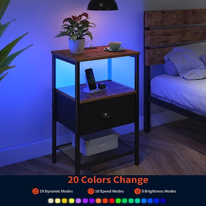 Sthmec Nightstands Set of 2, LED Bedside Tables with Charging Station and Fabric Drawer, Night Stand with Storage, 3 Tier Side Table with Open Shelf, LED Nightstands with Charging Station,Rustic Brown