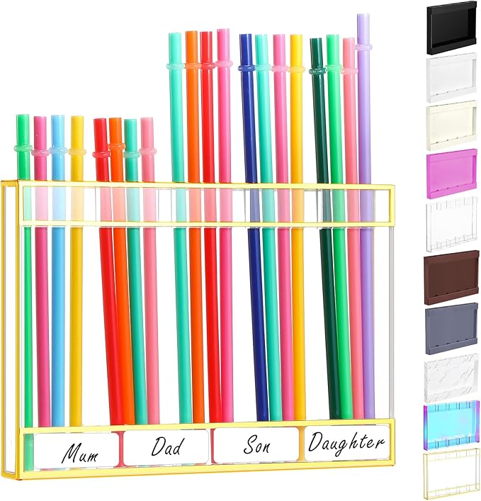 Acrylic Straw Holder for Cabinet Door with Double Sided Adhesive Tape Reusable Straw Organizer Tumbler Storage Kitchen Accessories Container for Counter Cupboard(Gold Trim,Large,Clear)