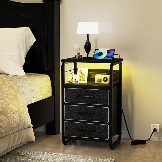 Bed Side Table with 3 Fabric Drawers, Black Night Stand, LED Nightstand with Hooks, Bedside Table with Charging Station, End Table with Storage, Night Table for Living Room, Bedroom, Dorm-NeatNest