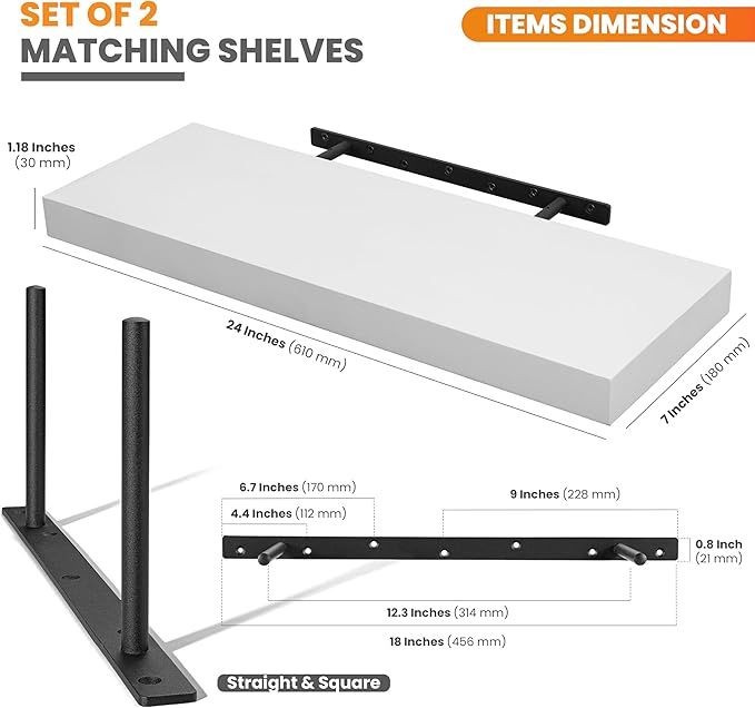 BATODA Set of 2 24" White Floating Shelves Wall Mounted for Bathroom – Wooden Decorative Wall Bookshelf - Storage Shelf Organizer for Home, Bedroom, Kitchen - Black Bracket, Shelving Mounting Included-NeatNest