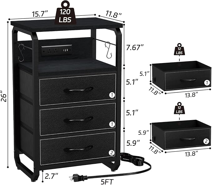 Bed Side Table with 3 Fabric Drawers, Black Night Stand, LED Nightstand with Hooks, Bedside Table with Charging Station, End Table with Storage, Night Table for Living Room, Bedroom, Dorm-NeatNest