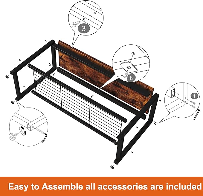 HOMEFORT Shoe Bench, Modern Industrial Shoe Storage Bench, Entryway Bench with Mesh Shelf and Sturdy Metal Frame, Metal Shoe Rack with Durable MDF Top for Hallway, Mudroom, Living Room, Rustic Brown