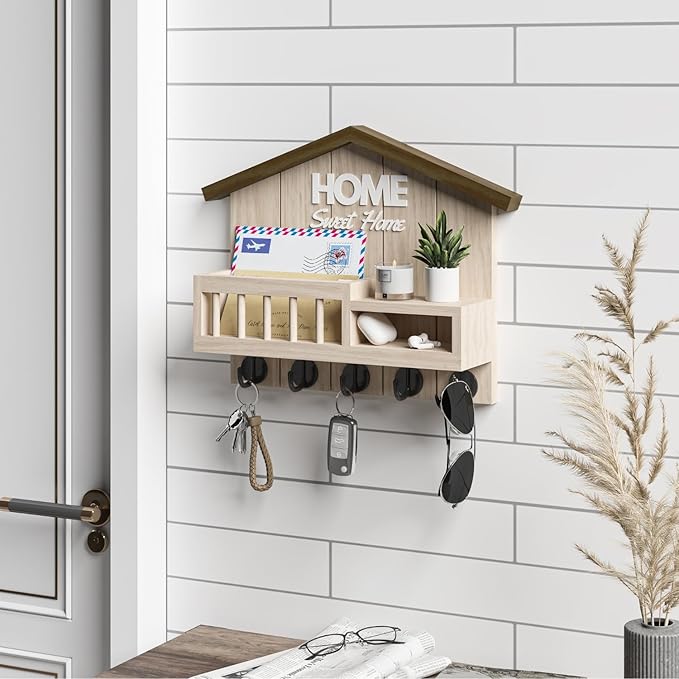 Key and Mail Holder for Wall, Wall Key Holder with Shelf, Home Key Holder for Wall, Wood Key Holder Wall Mount, Mail Organizer Wall Mounted, Entryway & Front Door Key Holder with 5 Hooks(White)