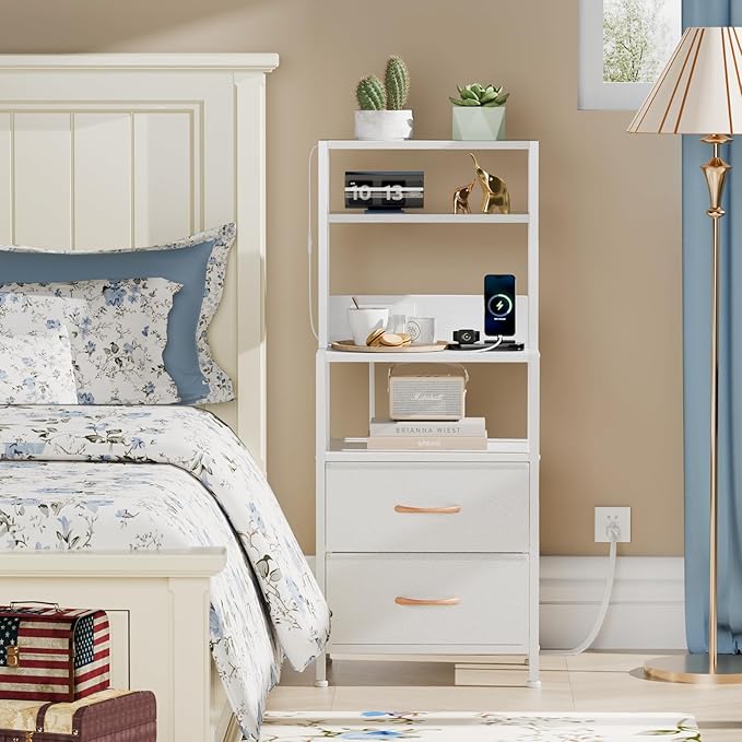 Furnulem Night Stand, Tall Bed Nightstand with 4-Tier Shelves, 2 PU Fabric Drawers and Light Tube, Bed Side Tables with Charging Station, Bedside Table for Bedroom, White