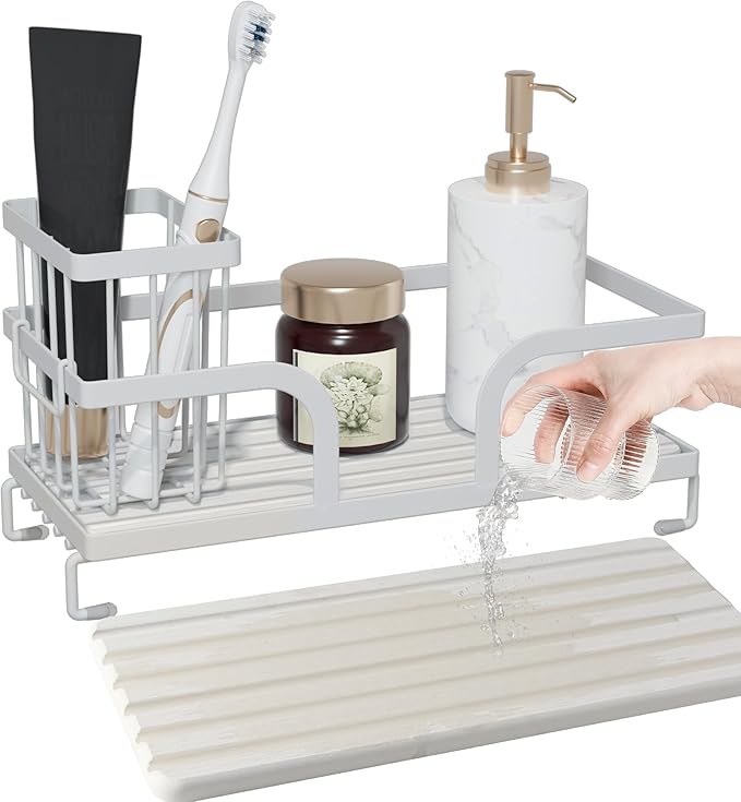 Bathroom Counter Organizer,Perfume Tray,Stone Drying Mat for Kitchen Counter,9.7" x 4.2"x 3.2", Ideal for Bathroom Organizers and Storage, Vanity, Skincare, Present, and More,1PCS White-NeatNest