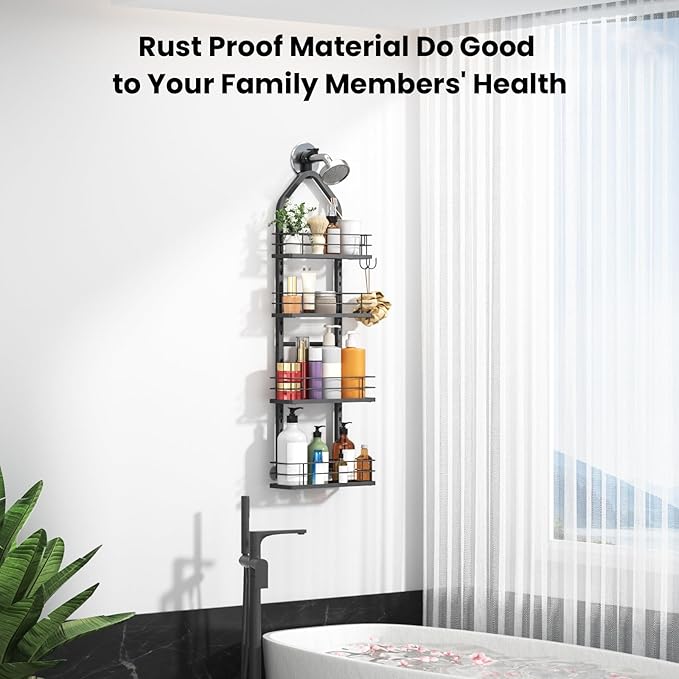 Shower Caddy Hanging (Black), Adjustable Anti-Swing-Over The Shower Head Caddy, 4 Tier Height Bathroom Storage Organizer Bathroom Shelves Basket Rack Shower Caddies (4Tier)