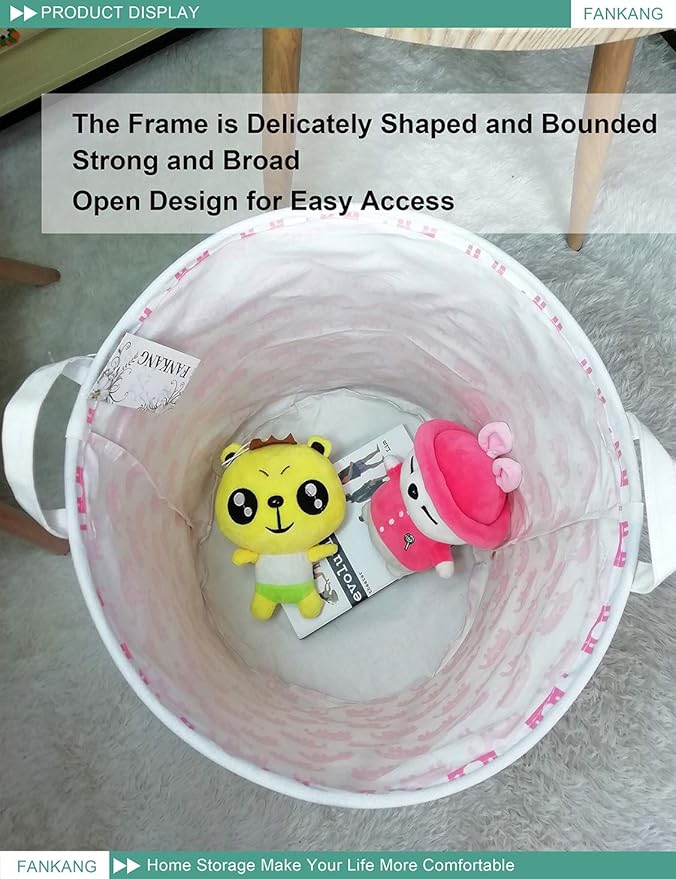 FANKANG Storage Basket, Nursery Hamper Canvas Laundry Basket Foldable with Waterproof PE Coating Large Storage Baskets for Kids Boys and Girls, Office, Bedroom, Clothes,Toys(Pink Elephant)