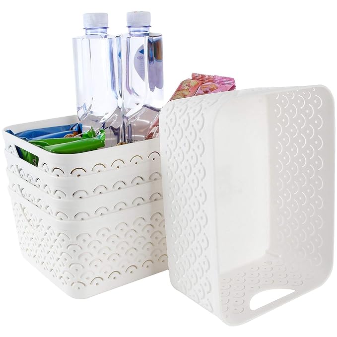 5 Pack Plastic Storage Baskets, Portable White Fish Scale Pattern Hollow Desktop Storage Bin Box with Handle for Kitchen, Bathroom, Kids Room or Nursery Storage – 9.4 x 7.1 x 4.1 inches