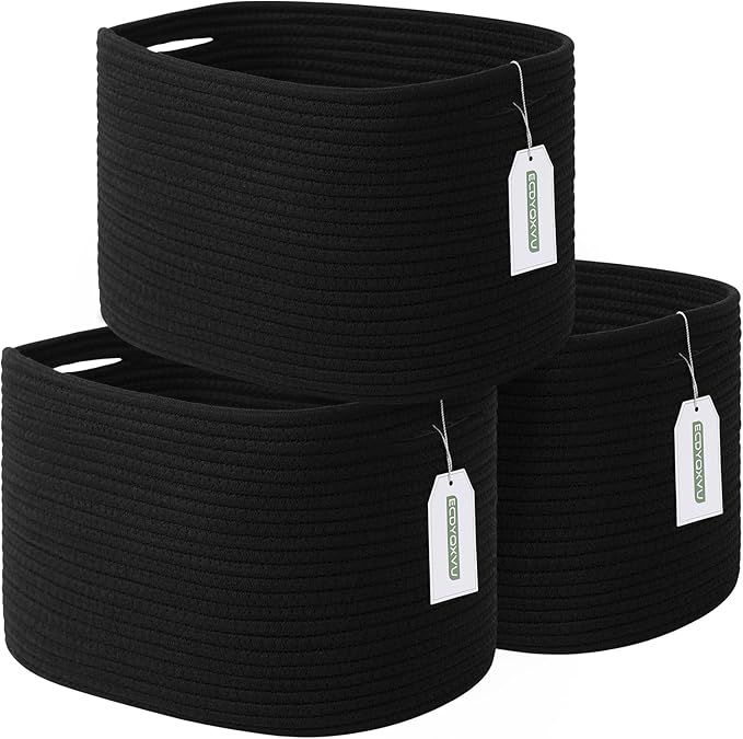 Cotton Rope Storage Basket, 15x10x9 Inches, Woven Basket for Shelves, Clothes, Toys, Towels, Books, and Laundry, Durable and Stylish, Black (3 Pack)-NeatNest