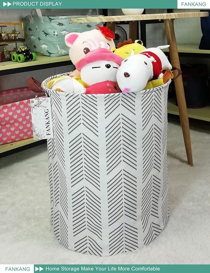 FANKANG Storage Basket, Nursery Hamper Canvas Laundry Basket Foldable with Waterproof PE Coating Large Storage Baskets for Kids Boys and Girls, Office, Bedroom, Clothes,Toys(Grey arrowhead)