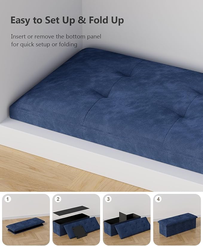 Folding Storage Ottoman Bench, Multi-Functional Ottoman Footrest, End of Bed Bench, Storage Chest for Living Room, Bedroom, Hallway, Entryway, Holds Up to 700 lbs (Navy Blue, 43 Inches)