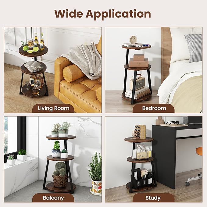 Giantex Round End Table, Industrial Side Table with Sturdy Metal Frame, Coffee Table, 3-Tier Bedside Table for Bedroom, Living Room, Couch, Accent Table for Small Spaces, Rustic Brown (1)