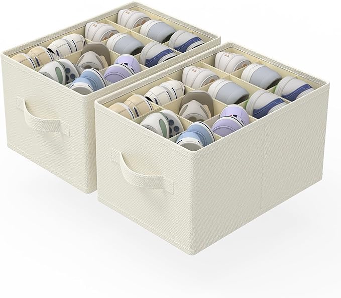 2 Pack Cube Shoe Organizer, Fits Up to 24 Pairs, Foldable Space-saving Storage Container Bins, Closet Organizers System with Reinforced Handles, 16.5 x 12.6 x 10.2 In, Beige, XSNX02BE-2-NeatNest