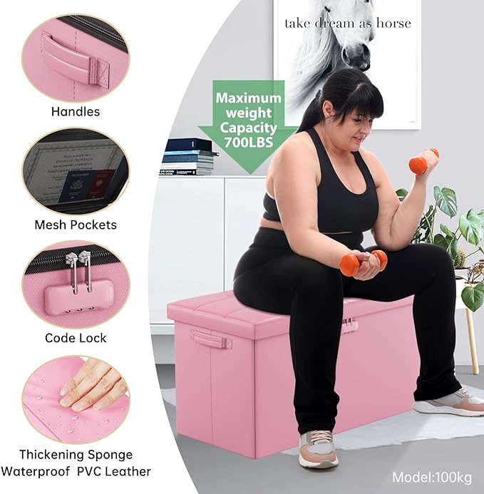DocSafe Storage Ottoman Bench with Lock,Fireproof 30 Inches Folding Bench Foot Rest Stool Storage Chest Safe for Living Room,Bedroom,Home Office,Waterproof Leather Ottoman with Handles,Pink-NeatNest