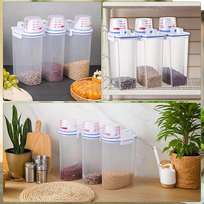3 Pcs Rice Storage Containers (4 Lbs / 2 Kg Each) – Airtight BPA-Free ABS Plastic Dispenser with Measuring Cup & Pour Spout for Rice, Cereal, Pet Food, and More (Blue + Clear)