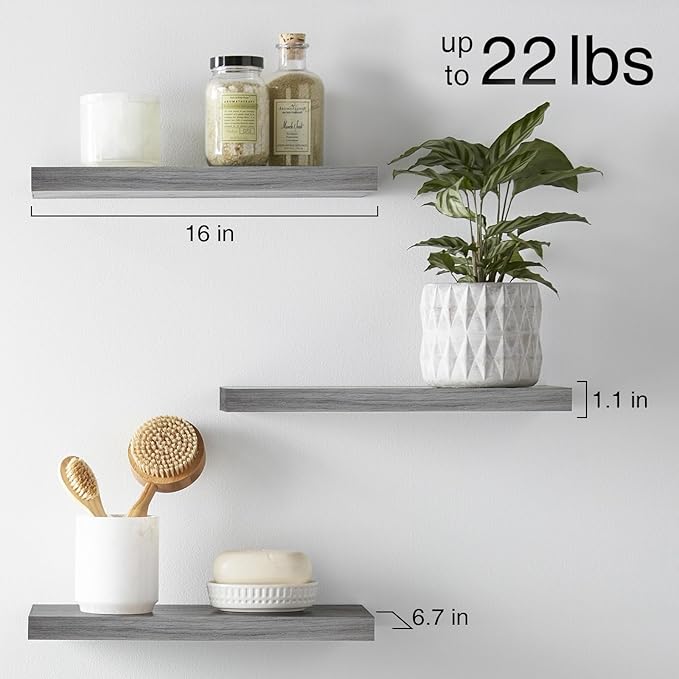 BAYKA Floating Shelves for Wall, Wall Mounted Rustic Wood Shelves for Bathroom, Bedroom, Living Room, Kitchen,Small Hanging Shelf for Books/Storage/Room Decor (Grey, Set of 3, 15.7in)-NeatNest