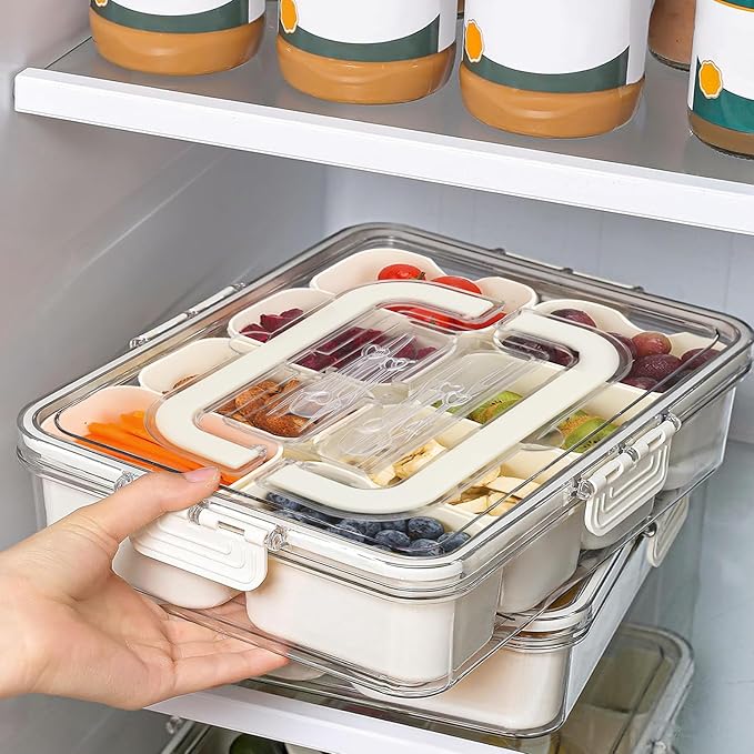 Divided Serving Tray with Lid and Handle, Snack Box Container with Fork and Spoons, Portable Charcuterie Container, Food Platter Snackle Box for Party, Veggies, Fruits, Snacks, Entertaining, Picnic-NeatNest