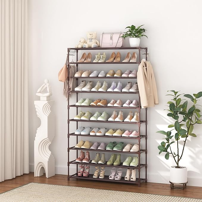 10 Tiers Shoe Rack 50 Pairs Large Capacity Tall Shoe Organizer Sturdy Shoe Storage with Two Hooks Space Saving Metal Wide Shoe Rack for Closet, Entryway, Bedroom, Brown-NeatNest