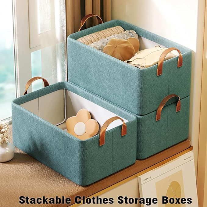 AARAINBOW 4 Pcs Closet Clothes Organizer with Handle, Fabric storage Box with Steel Frame Stackable Shelf Storage Baskets Foldable Storage Baskets for Organizing clothes Toys, 23L (4 Green)-NeatNest