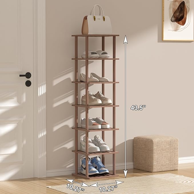 Bamboo Shoe Rack for Front Door Entrance, Brown Vertical Shoe Rack - Tall Narrow Shoe Rack Organizer for Small Spaces, Wooden Shoe Shelf for Closet and Entryway, Space Saving 7 Tier Stackable-NeatNest