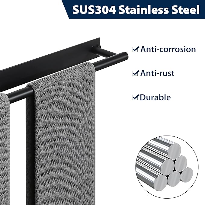 Alise Bath Towel Bars, 24 Inch Towel Hanger Towel Racks for Bathroom, SUS304 Stainless Steel Hand Towel Holder, Wall Mount with Self-Adhesive or Drilling, Matte Black