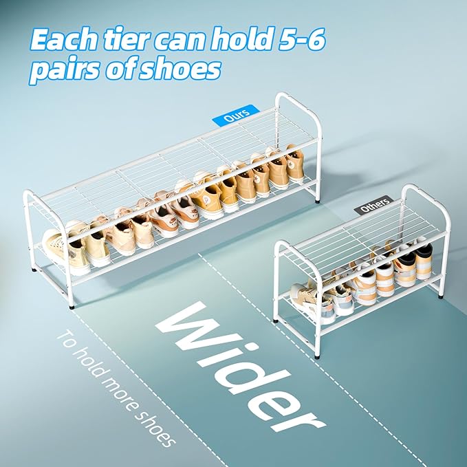 2 Tier Shoe Rack for Closet, 44 Inch Extra Long Shoe Storage Organizer for Shelves, Heavy Duty Metal, Easy Assembly, White-NeatNest