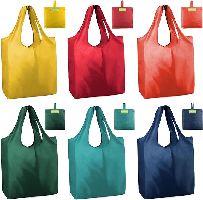 BeeGreen Foldable Travel Bag Reusable Shopping Bags for Groceries - 6 Pack Large Collapsible Bags - Lightweight Machine Washable Tote Bags - Colorful Kitchen Grocery Bags (Red, Orange, Green)-NeatNest