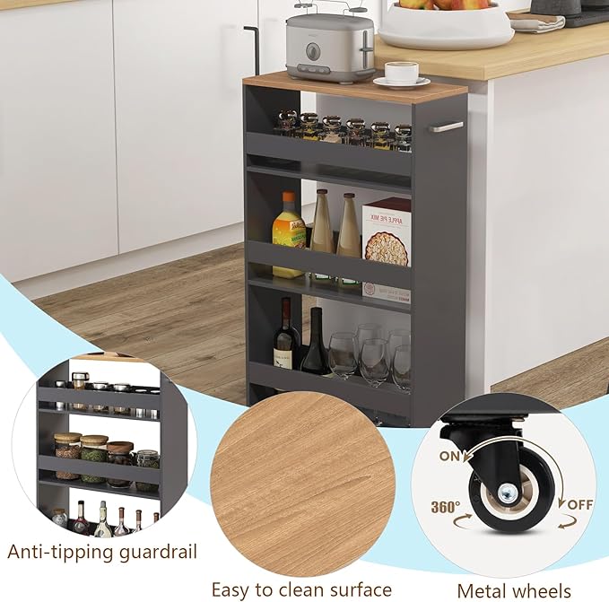 POWERSTONE 4-Tier Slim Storage Cart, Narrow Kitchen Rolling Cart w/Handle & Open Shelves, Skinny Slide Out Utility Organizer Trolley for Kitchen Bathroom Laundry Small Spaces Grey & Natural