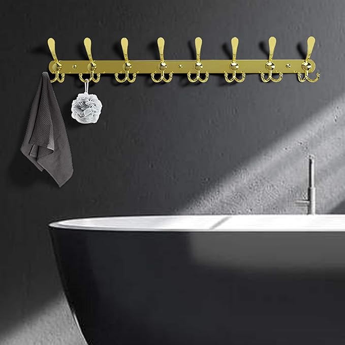 Dseap Coat Rack Wall Mount - 29.5” Long 8-Tri-Hooks Heavy Duty Coat Hanger Rail Wall Hooks for Hanging Coats Hats Clothing Clothes Purse Mudroom Entryway, Gold-NeatNest