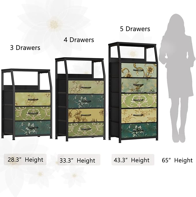 Furnulem Retro 5 Drawers Dresser, Tall Dressers for Bedroom, Closet, Hallway, Nursery, Fabric Storage Tower Organizer, Vertical Nightstand Side Table Furniture, Steel Frame, Wood Top-NeatNest