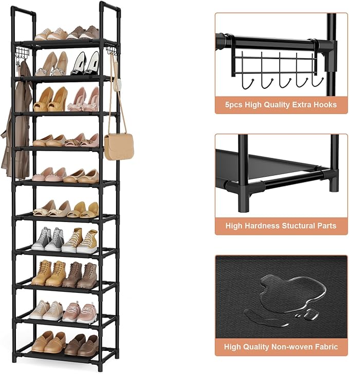 10 Tiers Shoe Rack 20-25 Pairs Large Capacity Tall Shoe Organizer Sturdy Shoe Storage with Two Hooks Metal Narrow Shoe Rack for Closet, Entryway, Bedroom, Black-NeatNest