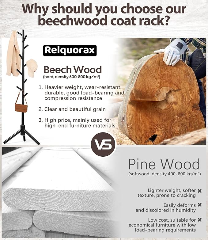 Beech Wood Coat Rack Stand with 9 Hooks, 3 Height Adjustable, simple Freestanding Solid Wooden Coat Tree Hanger for Clothes, Hats, Scarves, bags, Jackets, Bedroom, livingromm, Office (Black)-NeatNest