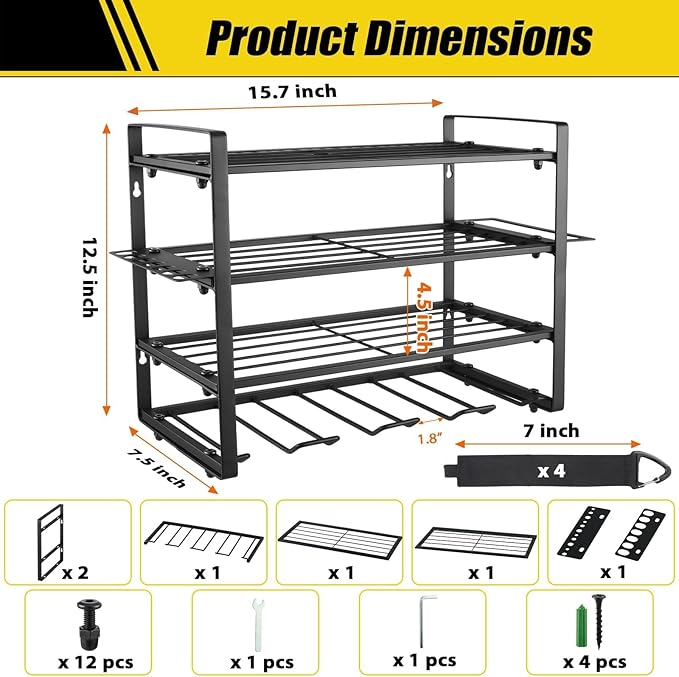4 Layers Power Tool Organizer Wall Mount, Garage Wall Shelving, 4 Drill Holder Wall Mount, Cordless Tool Organizer, Garage Storage Rack with 4 Extension Cord Holder