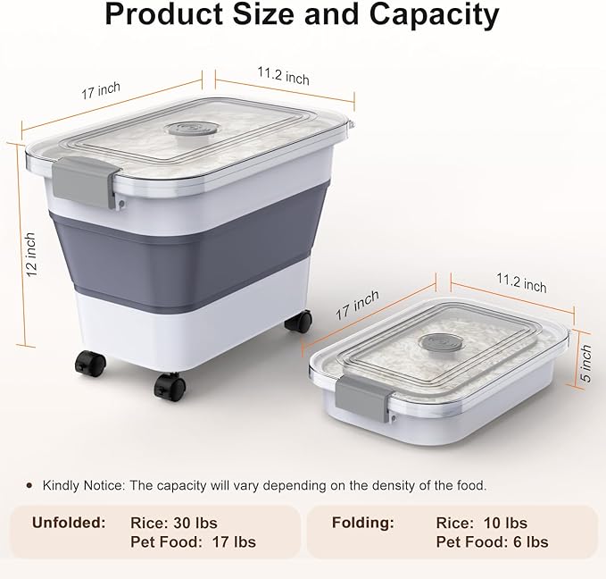 Rice Storage Container, Collapsible Airtight Food Storage Containers 20-30lbs with Clear Lid and Wheels, Rice Dispenser with Scoop for Flour Cereal Pasta Grain, Cat Pet Bird Dog Food Storage Container