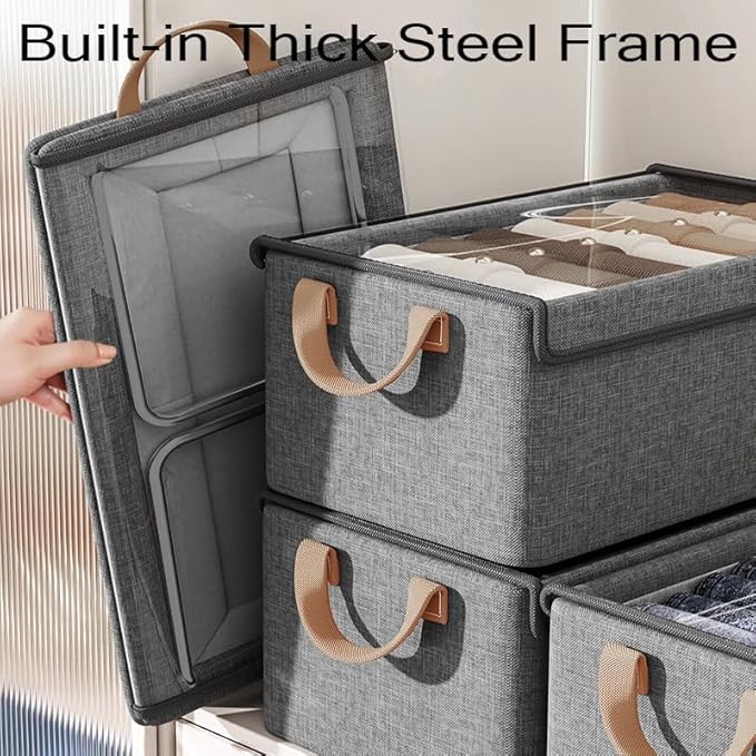 AARAINBOW Closet Clothes Organizer Bins 6 Pc, Fabric Box Storage Shelf Bins Stackable, Foldable Closet Shelf Storage Container with Lid, Fabric Storage Bin with Steel Frame, 23L (6 Gray with Lid)-NeatNest