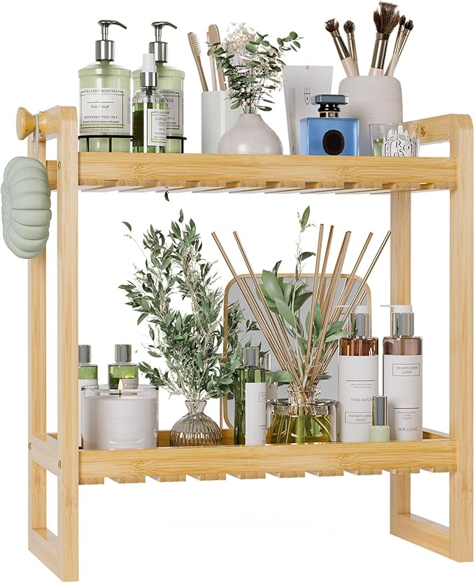 AmazerBath Bamboo Over The Toilet Storage Shelf - 2-Tier Bathroom Organizers and Storage Shelves, 2 in 1 Dual Stable Above Over Toilet Bamboo Shelf Home Storages Rack for Small Bathroom, Space Saver-NeatNest