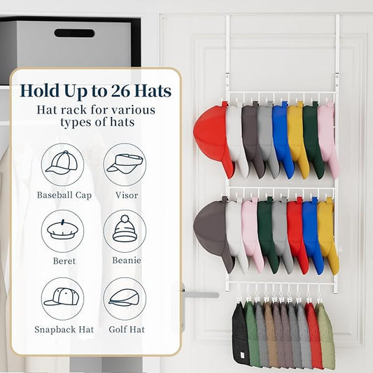 Consumest Over Door Hat Organizer - 3 Tier Wall Mounted Hat Rack with 16 Hooks and 10 Movable Clips, Hanging Baseball Cap Storage Holds up to 26 Caps for Door, Bedroom, Closet USPTO Patent Pending-NeatNest